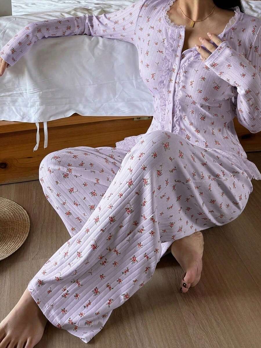 DAZY Floral Lace Ruffle Trim Patchwork 2pcs Women's Pajama Set - Mauve Purple - View 1