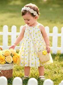 SHEIN Baby Girls Summer Round Neck Princess Dress With Ditsy Floral, Sweet Dress + Matching Floral Accessory Small Bag, Stylish Versatile Sleeveless Comfortable, Suitable For Daily Outings - Yellow - View 8