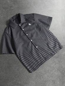 STYNVO 男士騎士刺繡格紋單排扣短袖休閒襯衫 - 黑色 - 查看 4