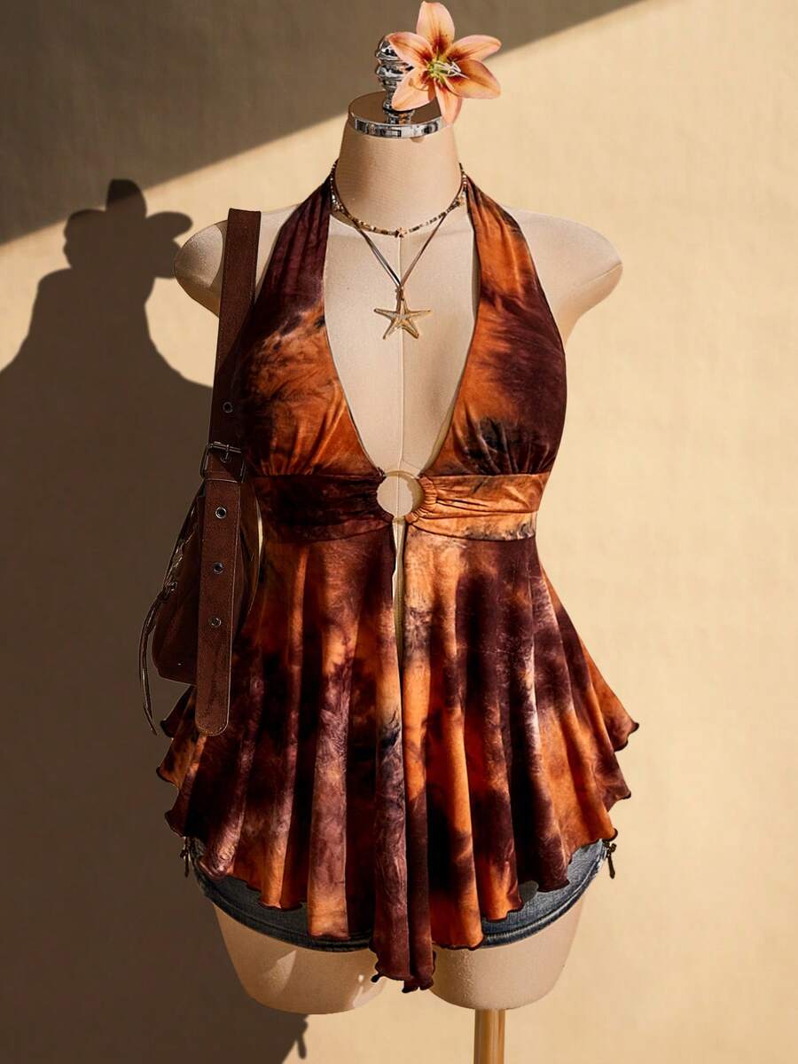 SHEIN ICON 大尺碼 Y2K 前開衩不對稱下擺娃娃裝掛脖針織背心上衣 - 彩色 - 查看 1