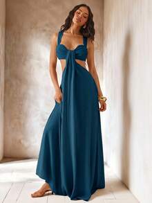 Hauture Women's Solid Color Pleated Cutout Design Sexy Party Long Dress - Teal Blue - View 3