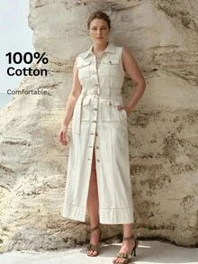 MOTF PREMIUM PLUS SIZE WOMEN'S SLEEVELESS DENIM DRESS WITH POCKETS, SPRING/SUMMER - White - View 11