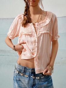SoleilVie Women's Sweet Fashion Lace Patchwork Single-Breasted Vacation Shirt - Baby Pink - View 5
