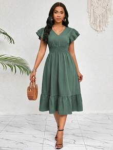 SHEIN Lady Women's Solid Color Shirred Ruffle Short Sleeve Shirred Waist Casual Mini Dress - Green - View 3
