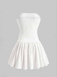 SHEIN Teen Girls Summer New White Knit Textured Waist Ruched A-Line Vacation Casual Street Style Short Tube Mini Dress - White - View 2