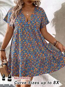 SHEIN CURVE+ Plus Size Women's Summer Leisure Vacation Short Style Baby Blue Ditsy Floral Back To School Teacher Work Vacation Clothes Women's Dress Boho Vacation - Multicolor - View 1