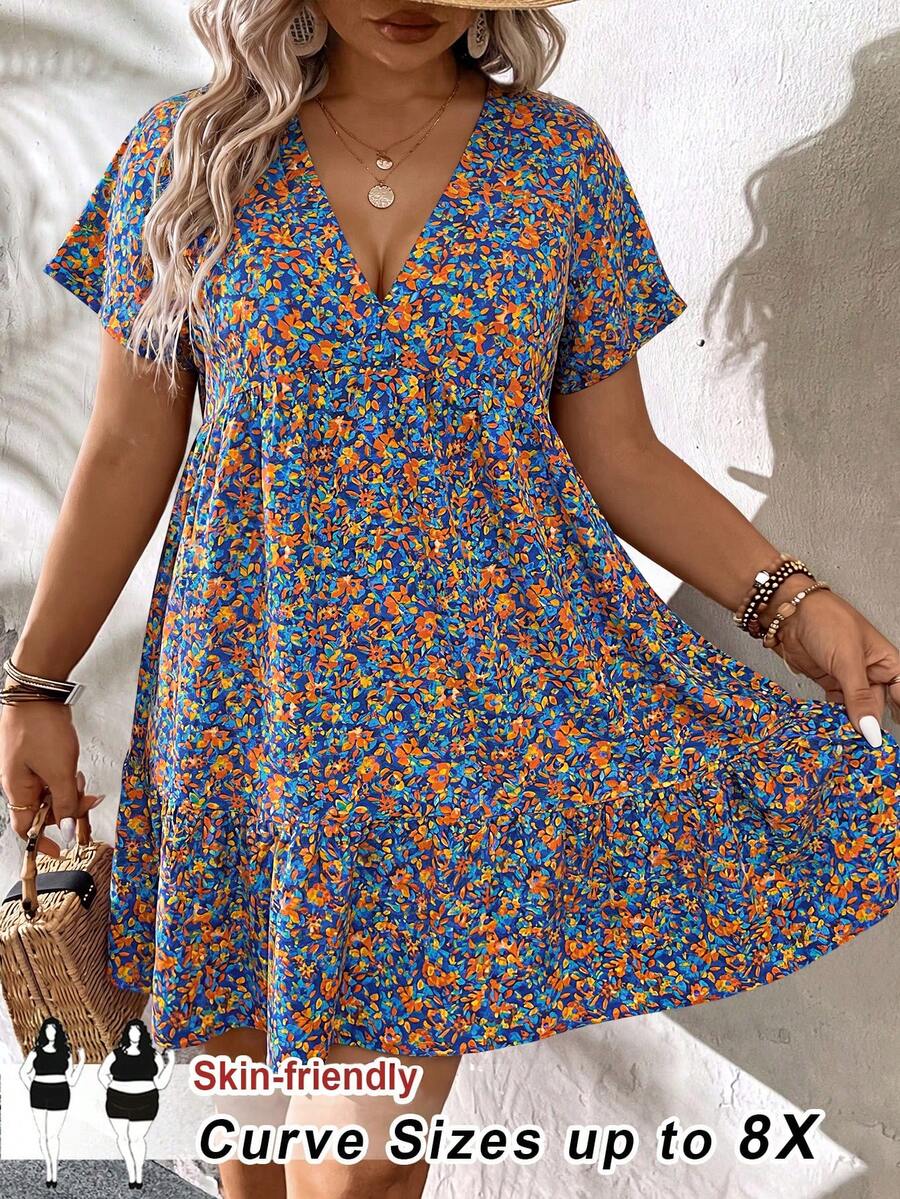 SHEIN CURVE+ Plus Size Women's Summer Leisure Vacation Short Style Baby Blue Ditsy Floral Back To School Teacher Work Vacation Clothes Women's Dress Boho Vacation - Multicolor - View 1