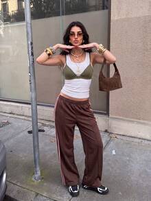 SHEIN EZwear 女士95%棉休闲撞色条纹阔腿运动裤，适合夏季、秋季、冬季穿着，棕色阔腿裤 - 棕色 - 查看 6