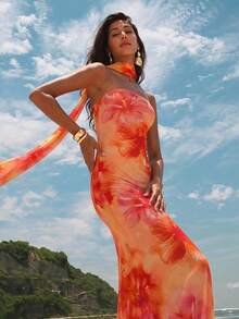 Opulessa Knitted Mesh Print Bandeau Slim Fit Dress For Women - Burnt Orange - View 8