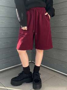 DAZY 女款夏季休閒純色彈性抽繩短褲 - 酒紅色 - 查看 7