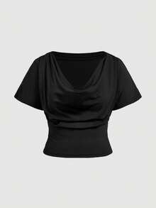 SHEIN MOD Plus Size Women's Knitted Waist-Cinching T-Shirt, Reversible, Elegant Commute, Cowl-Neck Top, Summer, Casual Blouses, Black Date Night - Black - View 2