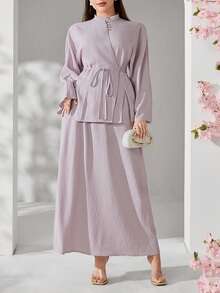 Veilorie Plus Size Women Solid Color Elegant Cheongsam Collar Top And Skirt 2pcs Set - Mauve Purple - View 5