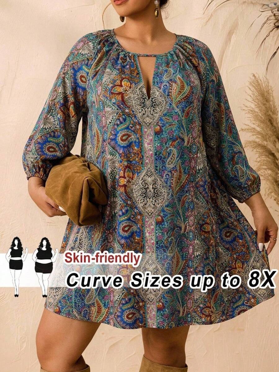SHEIN CURVE+ 大尺碼女款波希米亞風時尚休閒洋裝 - 彩色 - 查看 1