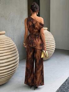 Flora Isola Flora Isola 女款春夏度假日常歐式熱帶風全棕色系不對稱單肩扭結上衣與長褲套裝 派對成熟風 - 棕色 - 查看 2