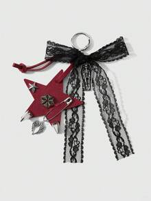 ROMWE Goth 1個Y2K龐克哥德風黑紅皮革鉚釘星星愛心十字針頭骷髏棺材蕾絲蝴蝶結DIY鑰匙圈包包吊飾，女款日常配戴節日禮物 - 黑紅色-63 - 查看 5