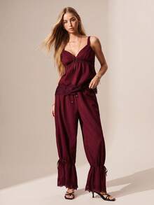 Willow Rêve Elegant Burgundy Lace Trim Drawstring Pants Vacation Holiday Summer Boho Style - Burgundy - View 6
