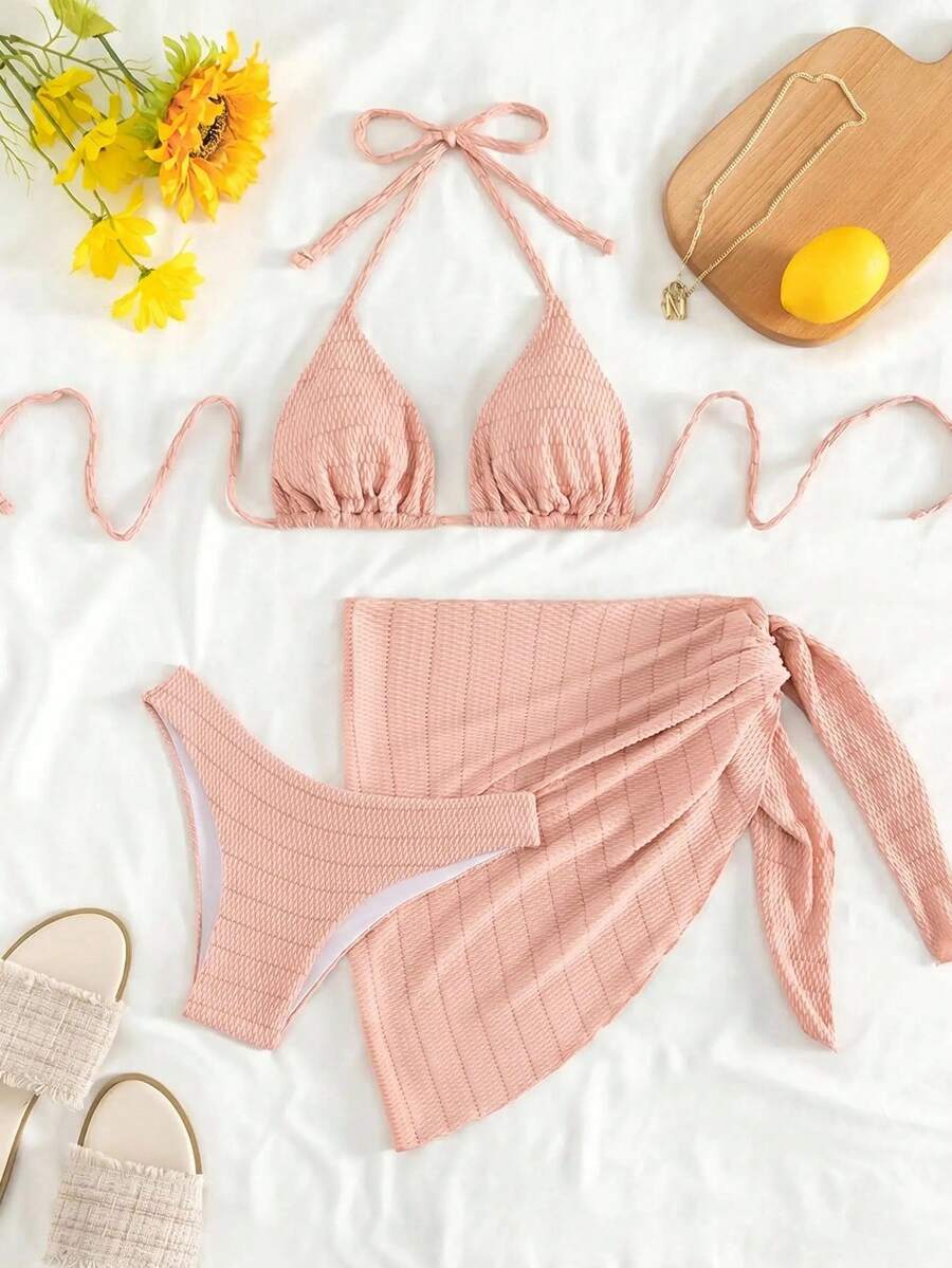Swim Mod Conjunto de traje de baño de dos piezas de unicolor para vacaciones en la playa - Rosa - Ver 1