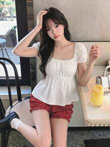 SHEIN MOD Cap Sleeve Chest Ruffle Cinched Waist Jacquard White T-Shirt - White - View 2