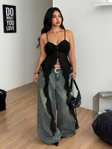Coolane Women's Plus Size Summer Fall Going Out Vacation Casual Boho Outfit Elegant Y2K Ruffled Hem Stretchy Color Black Tank Tops Halloween - Black - View 7