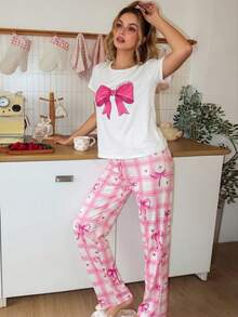 SweetSlumber Damen süßes niedliches Schleife Karomuster Rundhals Kurzarm lange Hose bequemer Strick Pyjama Set - Heißes Pink - Übersicht 7