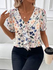 SHEIN Clasi Women's Petal Sleeve Polka Dot Contrast Trim Ruffle Collar Elegant Blouse - Multicolor - View 1