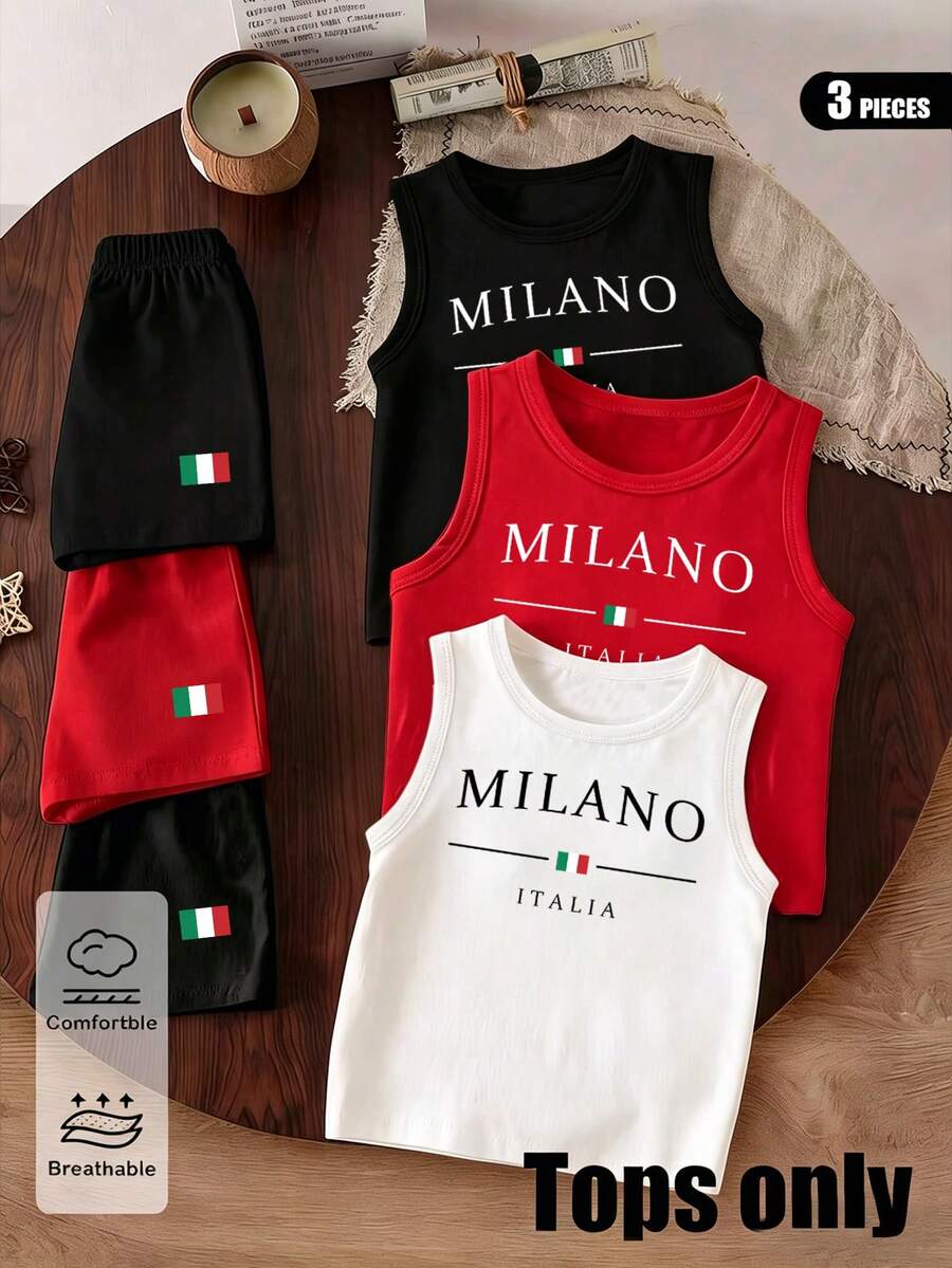 3pcs Baby Boy Summer Tank Tops Set, Italian Letter Slogan Print Basic Vests, Casual Daily Wear - Multicolor - View 1