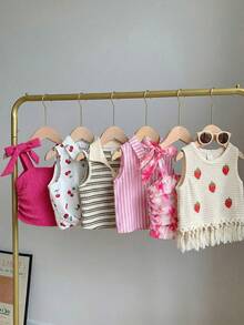 SHEIN [Random 6 Piece, Send 1 Piece]!Surprise Box !!!!Young Girl Solid Color Striped Floral Ruched Casual Tank Top - Hot Pink - View 7