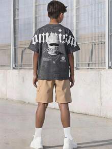SHEIN 青少年男孩 Bolty 字母與人像圖案印花 T-shirt，街頭風圓領短袖 T-shirt 與短褲套裝，適合派對、開學、正式場合、日常穿著、學校、旅行、運動，春/夏/秋季 - 彩色 - 查看 8