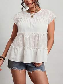 Freevana Plus Size Casual Solid Color Floral Embroidery Patchwork Shirt - White - View 10