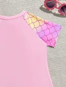 Traje de baño de una pieza con patrón degradado, cremallera delantera y manga corta para niñas - Rosa - Ver 5