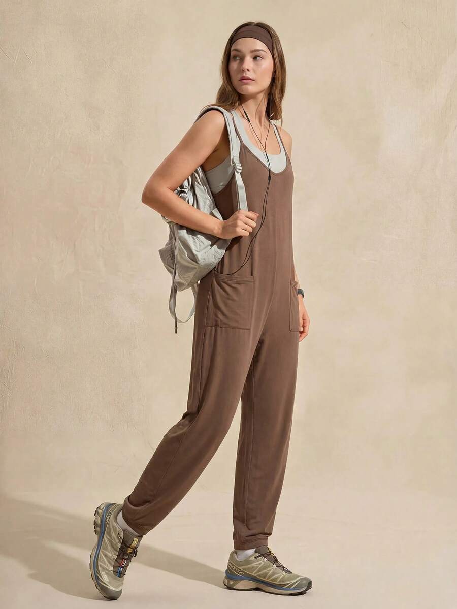 Exploreva Exploreva Jumpsuit Olahraga Luar Ruangan Tanpa Lengan dengan Tali Bahu Tipis Warna Polos untuk Wanita di Musim Panas - Coffee Brown - View 1