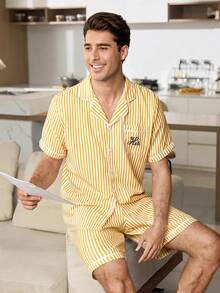 CoupledUp Men's Casual Blue & White Striped Simple Letter Print Loungewear Pajama Set - Yellow - View 5
