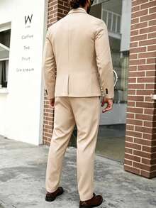 Manfinity Mode Men's Plus Size Solid Color Lapel Collar Long Sleeve Blazer And Pants Suit Set, Formal - Khaki - View 2
