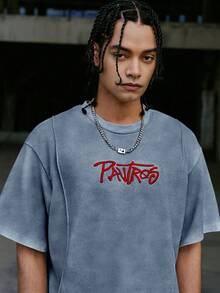 PAVTROS Men's Casual Letter Embroidered Round Neck Short Sleeve T-Shirt (Asymmetrical Wash Spray Print), Holiday - Blue - View 2
