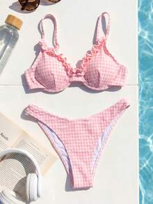 Swim Mod Spring/Summer 2-Piece Women's Beach Set, Fashionable Cute Sexy Vacation Beach Swimwear For Pool Party, Multi-Color Textured Fabric, Ruffle Edge Thin Shoulder Straps, Adjustable Underwire Top And Bikini Bottom Set - Multicolor - View 5
