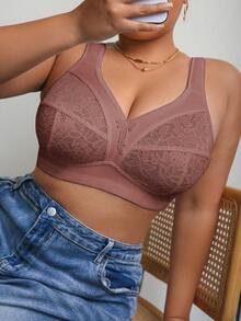 DesireSculpt Plus Size Lace Patchwork Wireless Bralette 1 Piece - Rust Brown - View 5