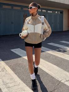 Muchica Chaqueta ligera de nailon de color block para exteriores - Caqui - Ver 4