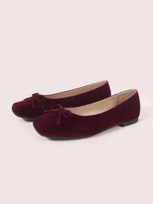 CUCCOO DOLLMOD Velvet Bow Square Toe Flat Bottom Low Vamp Shoes, Retro Burgundy Gentle Slouchy Soft Bottom Commuting Ballet Lady Shoes Fall Shoes - Burgundy - View 2