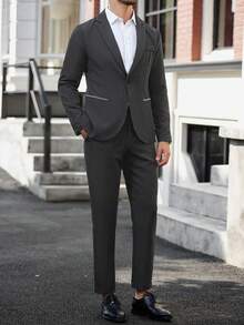 Manfinity Mode Men's Lapel Neck Long Sleeve Blazer & Pants Casual Business Suit Set Wedding Outfit For Men Nice Formal, Ceremony - Dark Grey - View 4