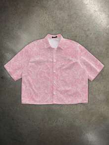 Manfinity ZONE917 Boxy Cropped Casual Fashion Distressed Pink Rose Pattern Calligraphy English Print Short Shirt - Multicolor - View 7