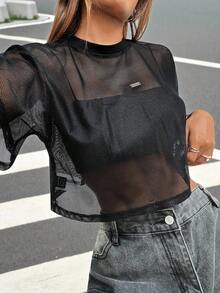 SHEIN EZwear Women's Short Sleeve Black Mesh Top - Black - View 4