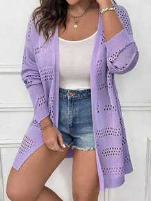 Elenzga Plus Size Solid Color Minimalist Everyday Hollow Out Cardigan Fall - Purple - View 1