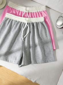 SHEIN Teen Girls Comfy Back To School Spring Pink Grey Sweatshirt Elastic - Multicolor - View 3