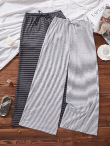 Dream Adore Women's Casual Long Pajama Pants Yarn-Dyed Striped Wide Leg Sleep Pants 2pcs/Set - Multicolor - View 2
