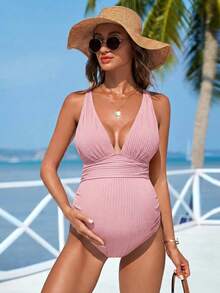 Swim Vcay 孕婦純色深V性感連身泳衣，適合海灘度假 - 粉色 - 查看 3