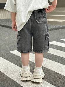 SHEIN Pantalones cortos cargo de mezclilla blanca desgastada para niños - Negro - Ver 2