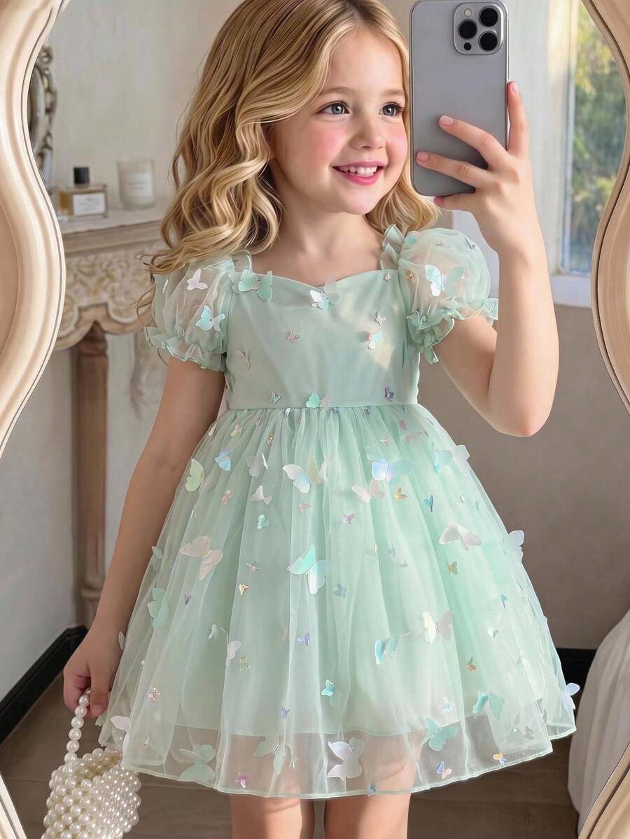 SHEIN Glamorique Kids 小女孩公主裙,3D蝴蝶花朵网纱裙,绿色薄纱裙,泡泡袖,生日派对,婚礼节日正式礼服 - 綠色 - 查看 1