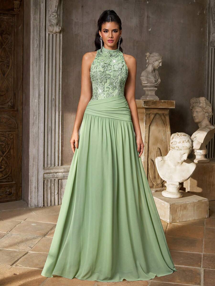 Aureia Elegant Green Luxury 3D Floral Sequin Embroidered Small Stand Collar Asymmetric Waistline Slimming Waist Pleated Oversized A-Line Skirt Suitable For Date Beach Vacation Beach Wedding Event Bachelorette Party Graduation Back To School Season All Formal Occasions Women's Evening Gown