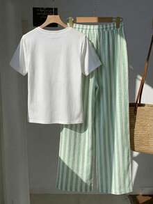 SHEIN EZwear 两件套休闲简约风白色圆领短袖上衣和绿色仿机械条纹印花长裤，适合春夏穿着。 - 彩色 - 查看 2