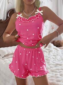 CottageSlumber Women's Ribbed Velvet Camisole & Shorts Pajama Set With Ruffle Trim, Small Bows And Romantic Heart Design - Hot Pink - View 4
